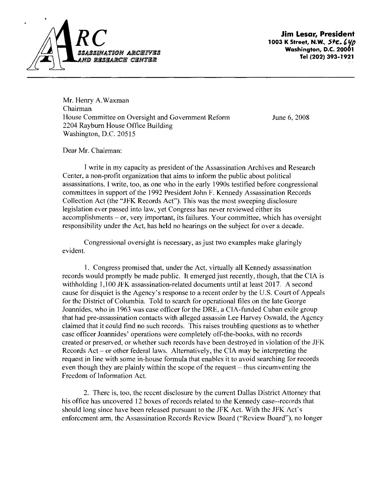 Letter to Rep. Henry Waxman